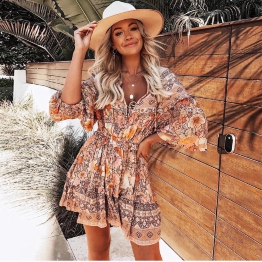 SOLD OUT Gypsy Boho Festival Floral Mini Long Sleeve Dress - Picture 3 of 9
